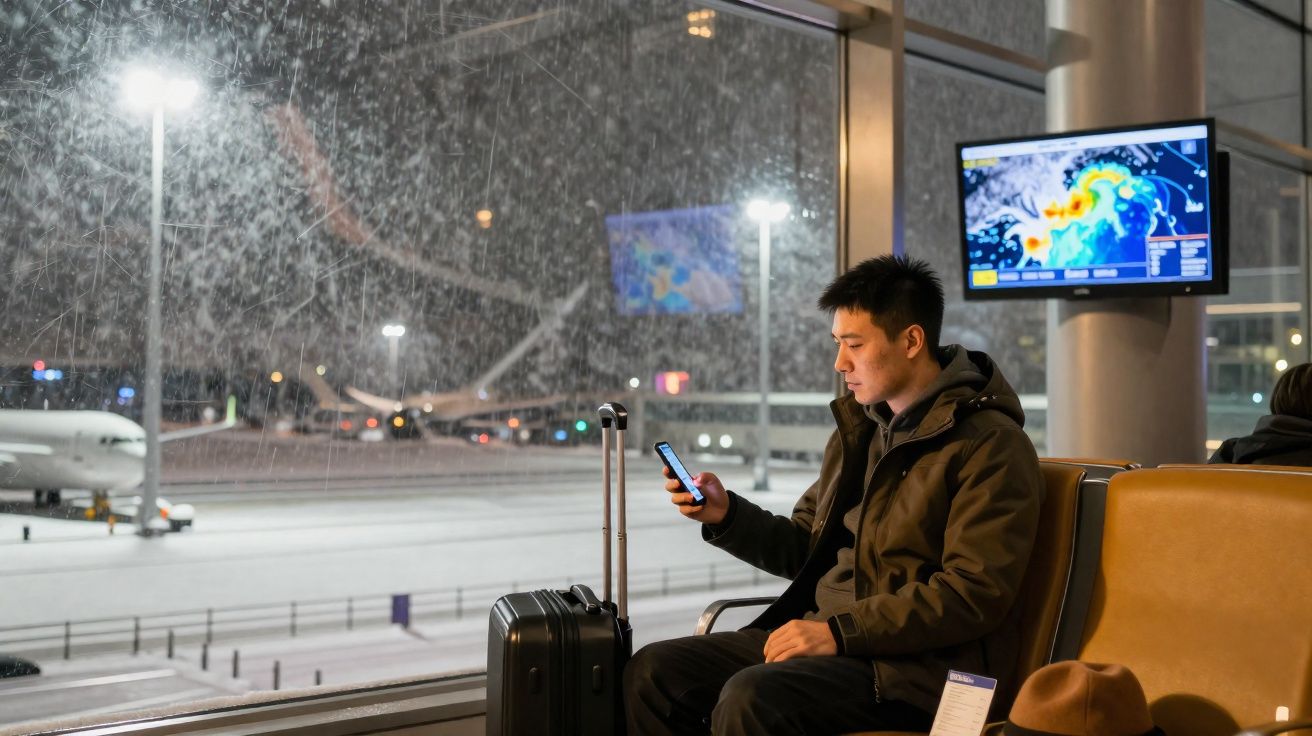 Homem sentado em aeroporto à noite, com neve a cair e avião visível pela janela, consultando o telemóvel.