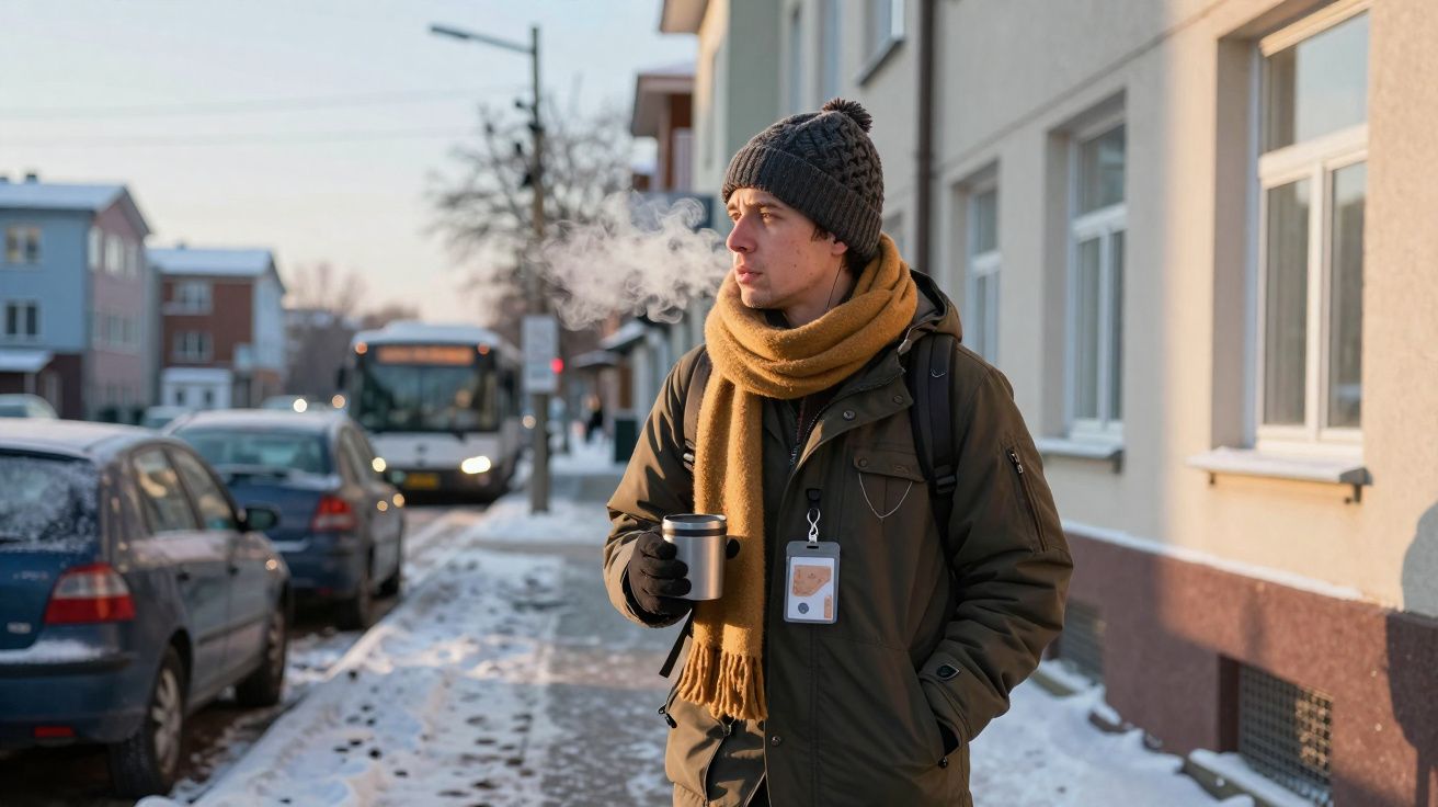 Homem vestido para o frio, com cachecol e gorro, segura um copo quente numa rua nevada ao entardecer.