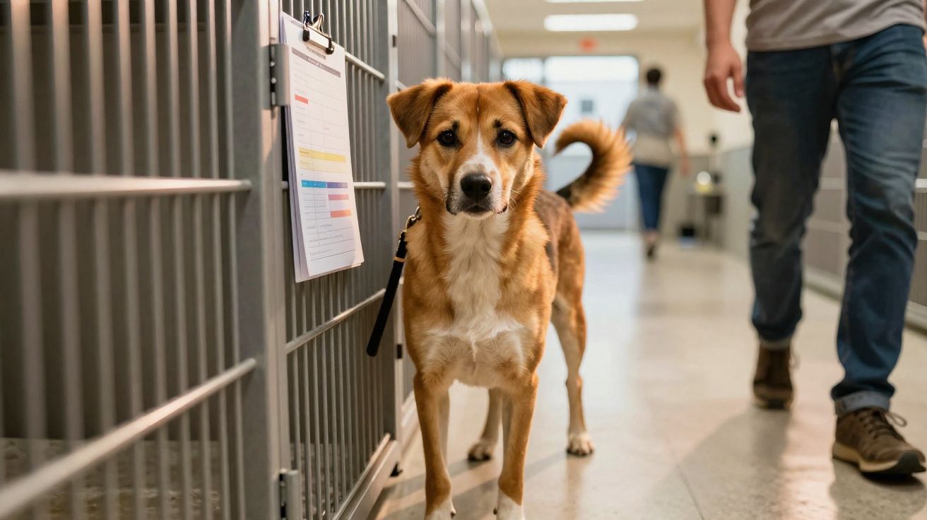 Cão castanho com branco ao lado de canil num abrigo com pessoas ao fundo.