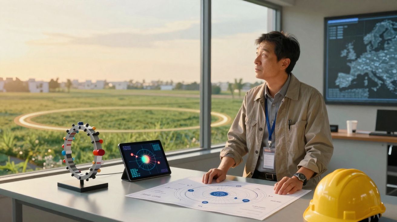 Homem a analisar gráficos e dados científicos numa sala com janelas amplas e vista para um campo.