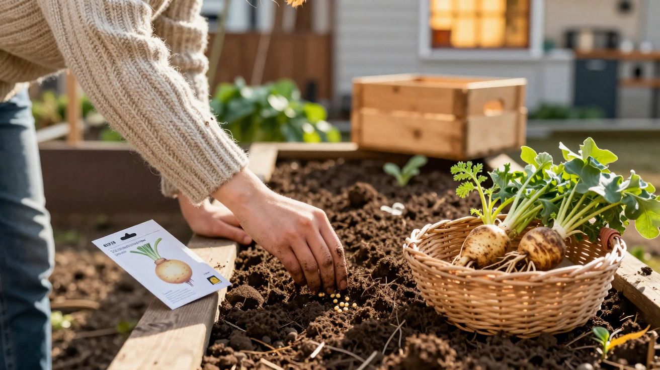 Pessoa a plantar sementes de nabo num canteiro de terra com uma cesta de nabos ao lado.