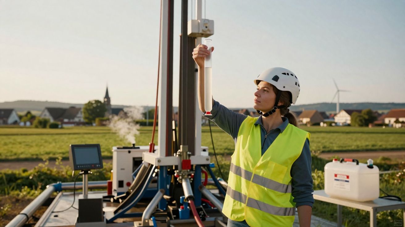 Mulher com colete e capacete de segurança a operar equipamento de perfuração em campo rural.