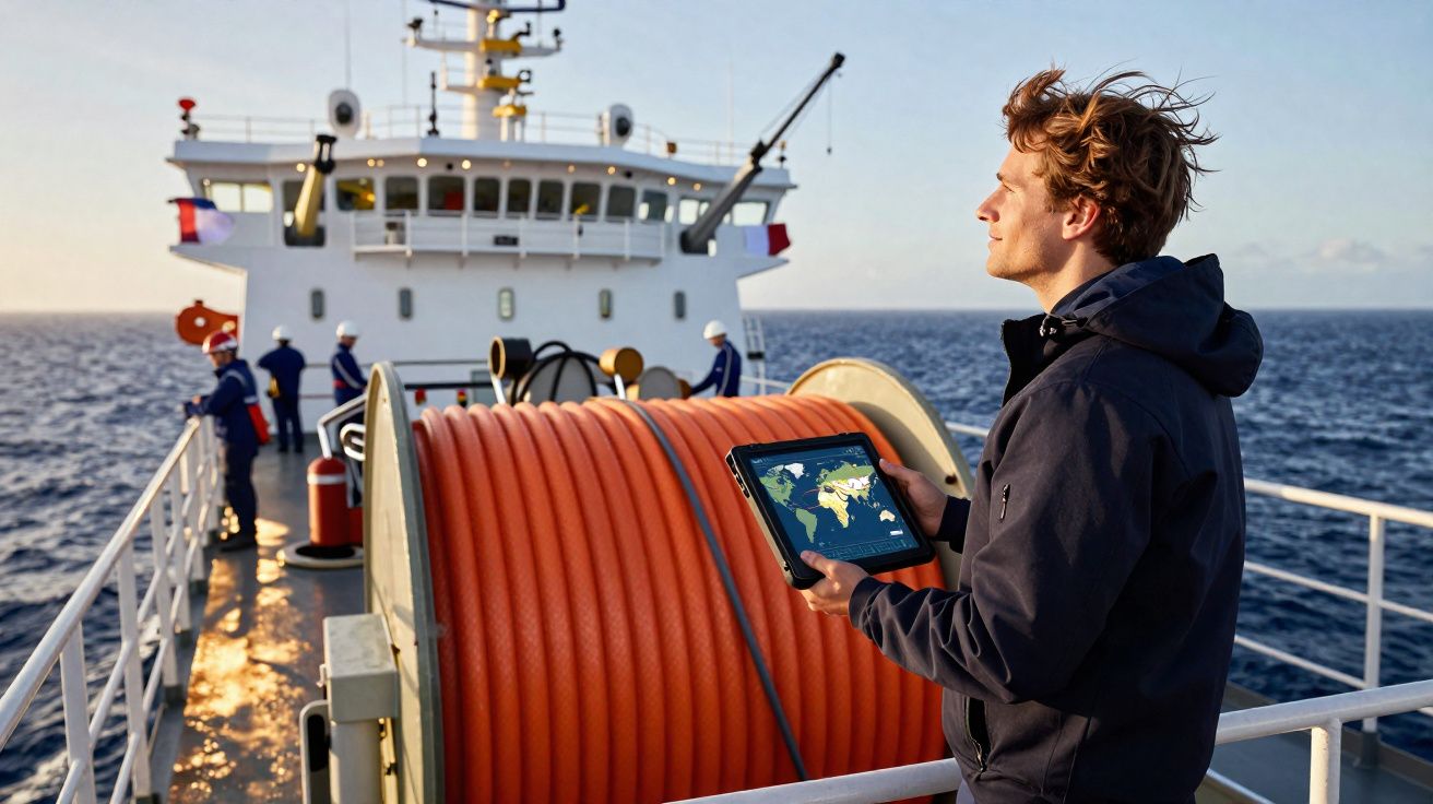 Homem com tablet na mão junto a um grande carretel de cabo num navio no mar com tripulantes ao fundo.