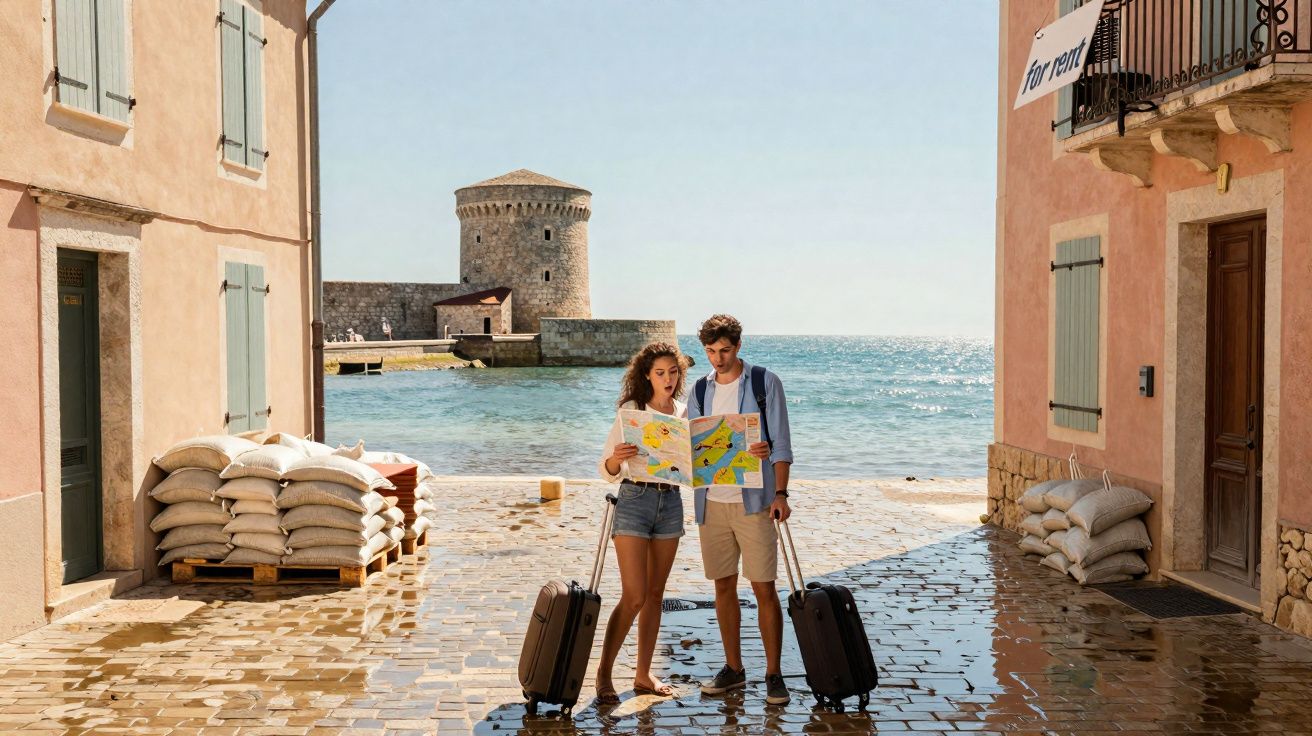 Casal com malas lê mapa numa rua molhada perto do mar e torre antiga ao fundo num dia ensolarado.