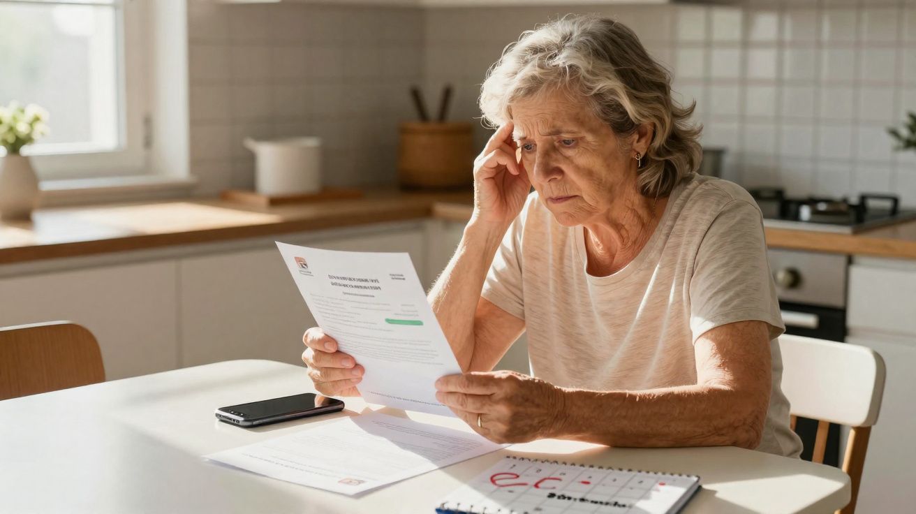 Mulher idosa preocupada lê uma carta sentada à mesa numa cozinha moderna iluminada pela luz natural.