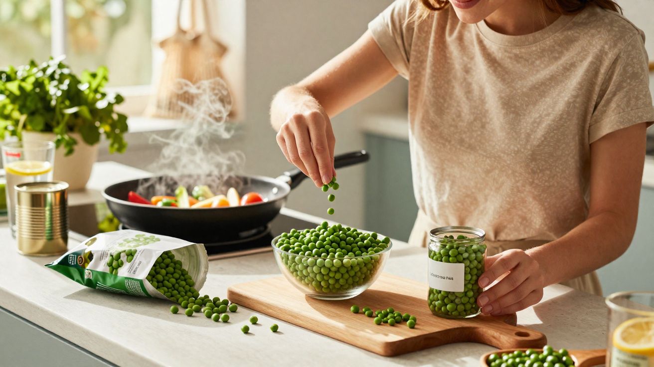 Mulher a cozinhar ervilhas frescas na cozinha com legumes numa frigideira a fumegar ao fundo.