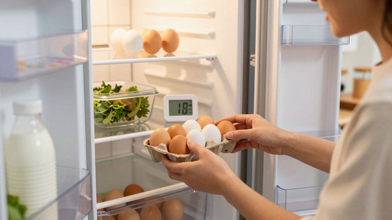 Pessoa a colocar ovos numa caixa dentro do frigorífico aberto com outros alimentos visíveis.