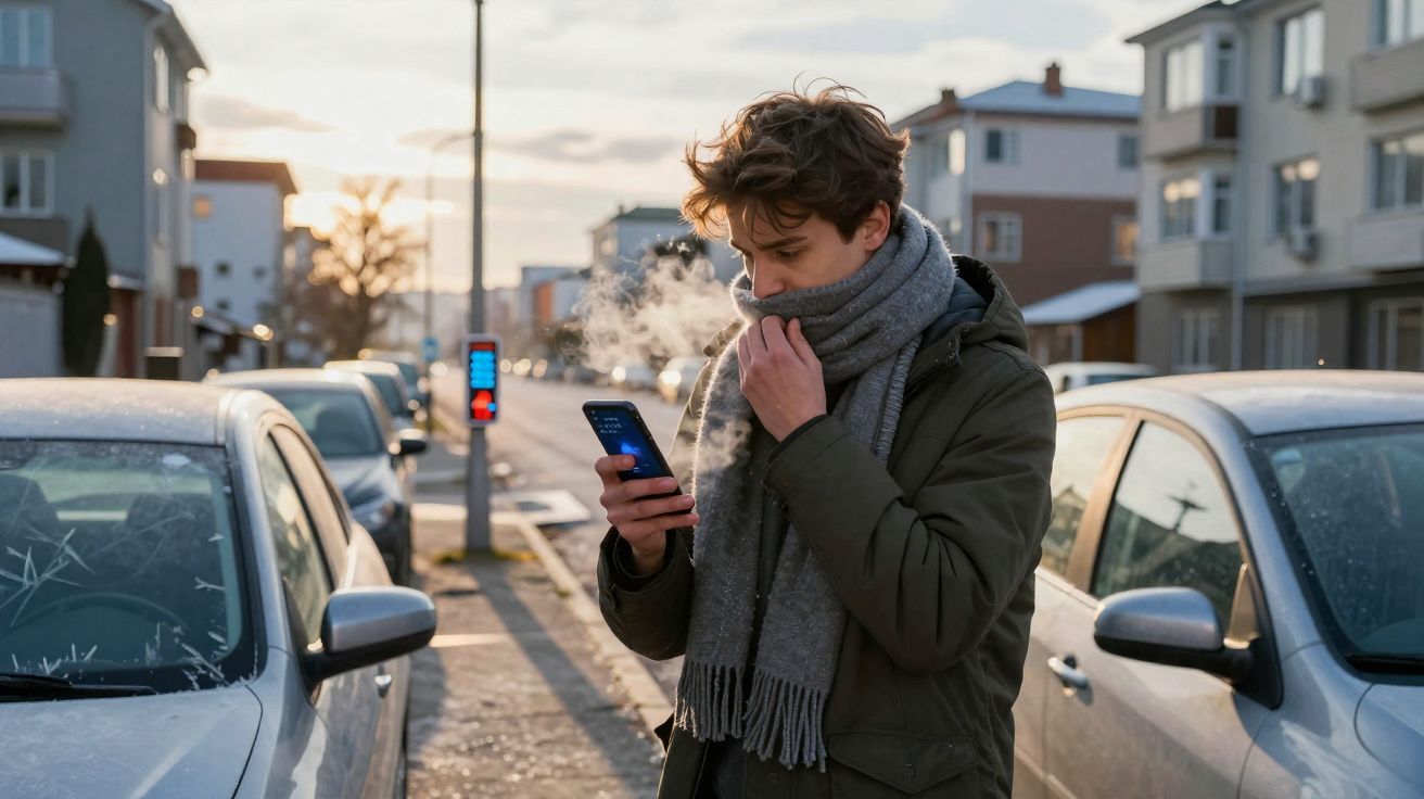Homem com casaco e cachecol olha para telemóvel numa rua urbana fria com carros estacionados ao amanhecer.