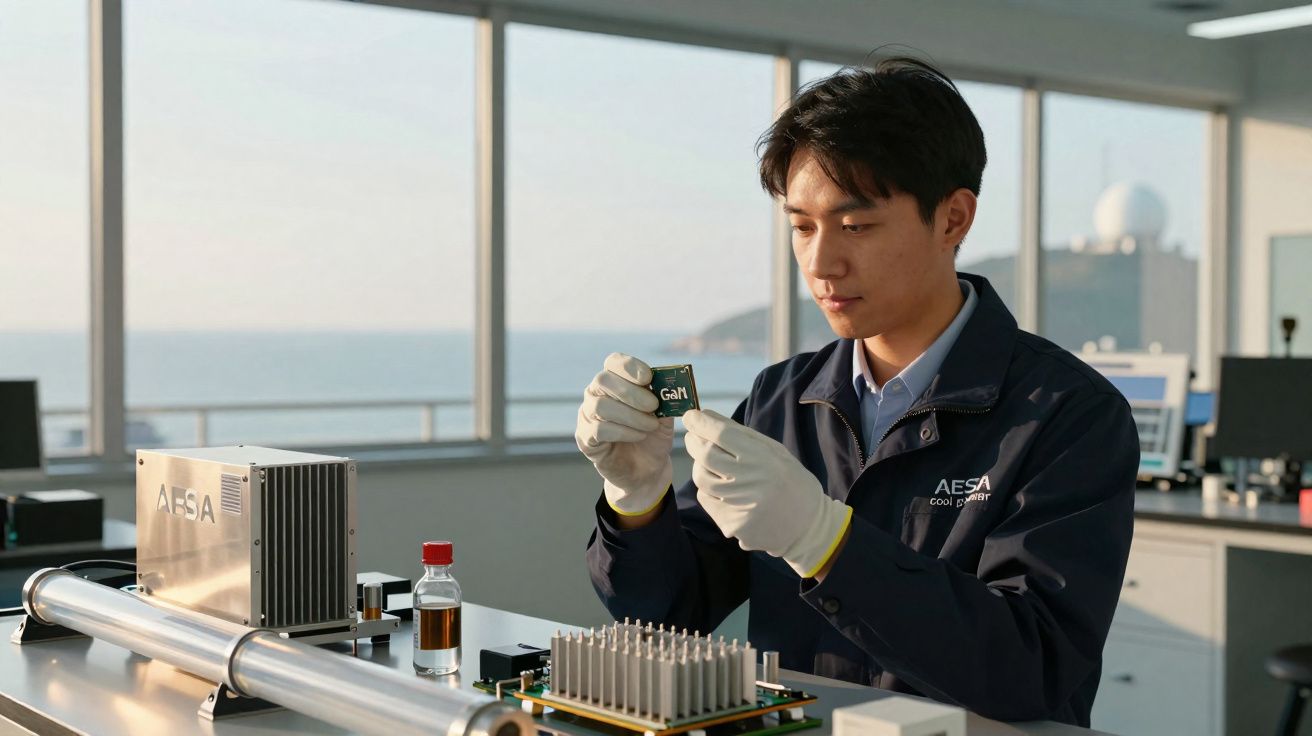 Homem com luvas a analisar componente eletrônico numa sala de laboratório com vista para o mar.