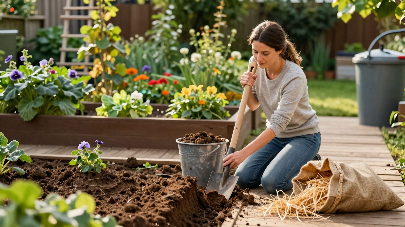 Mulher num jardim a cavar terra com uma pá, rodeada de flores coloridas e plantas num espaço exterior.