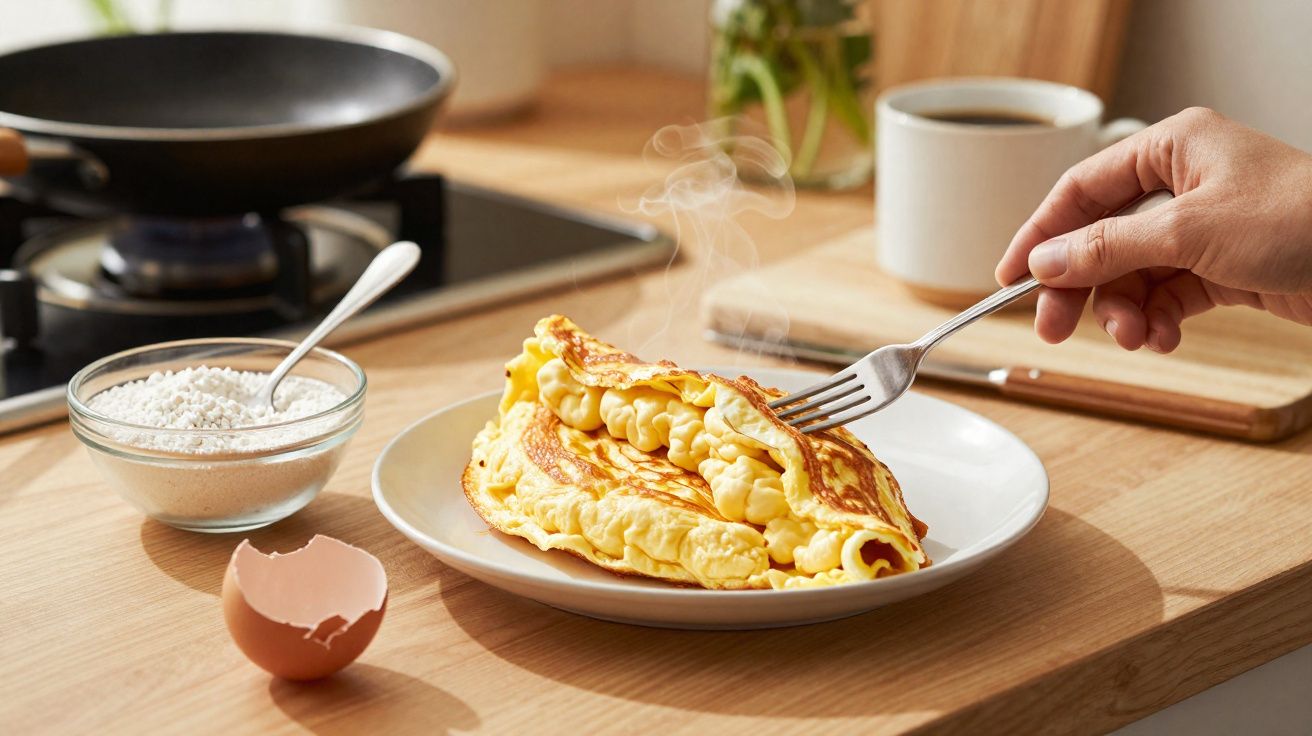 Omelete fofo servido num prato branco, com chávena de café, farinha, casca de ovo e panela ao fundo.