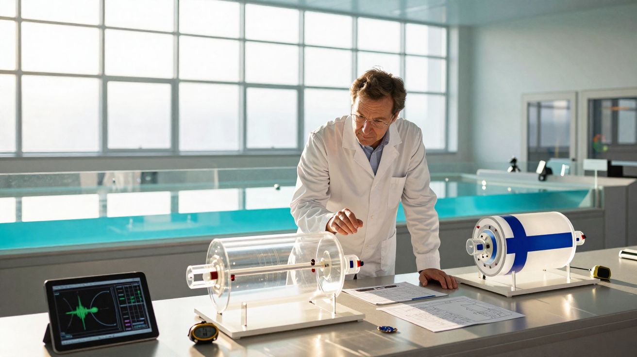 Homem de bata branca analisa equipamento científico transparente numa mesa de laboratório moderno.