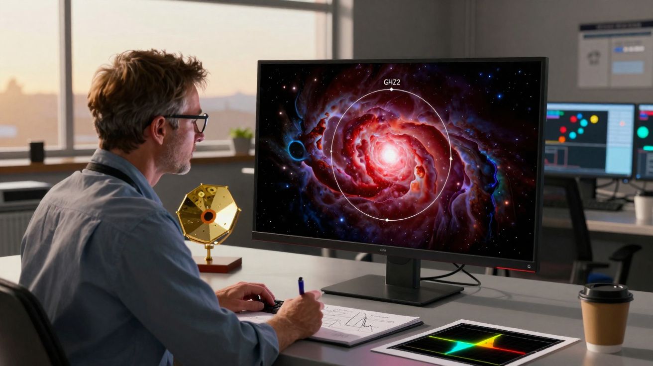 Homem a analisar imagem cósmica no computador num escritório moderno com gráficos científicos na mesa.