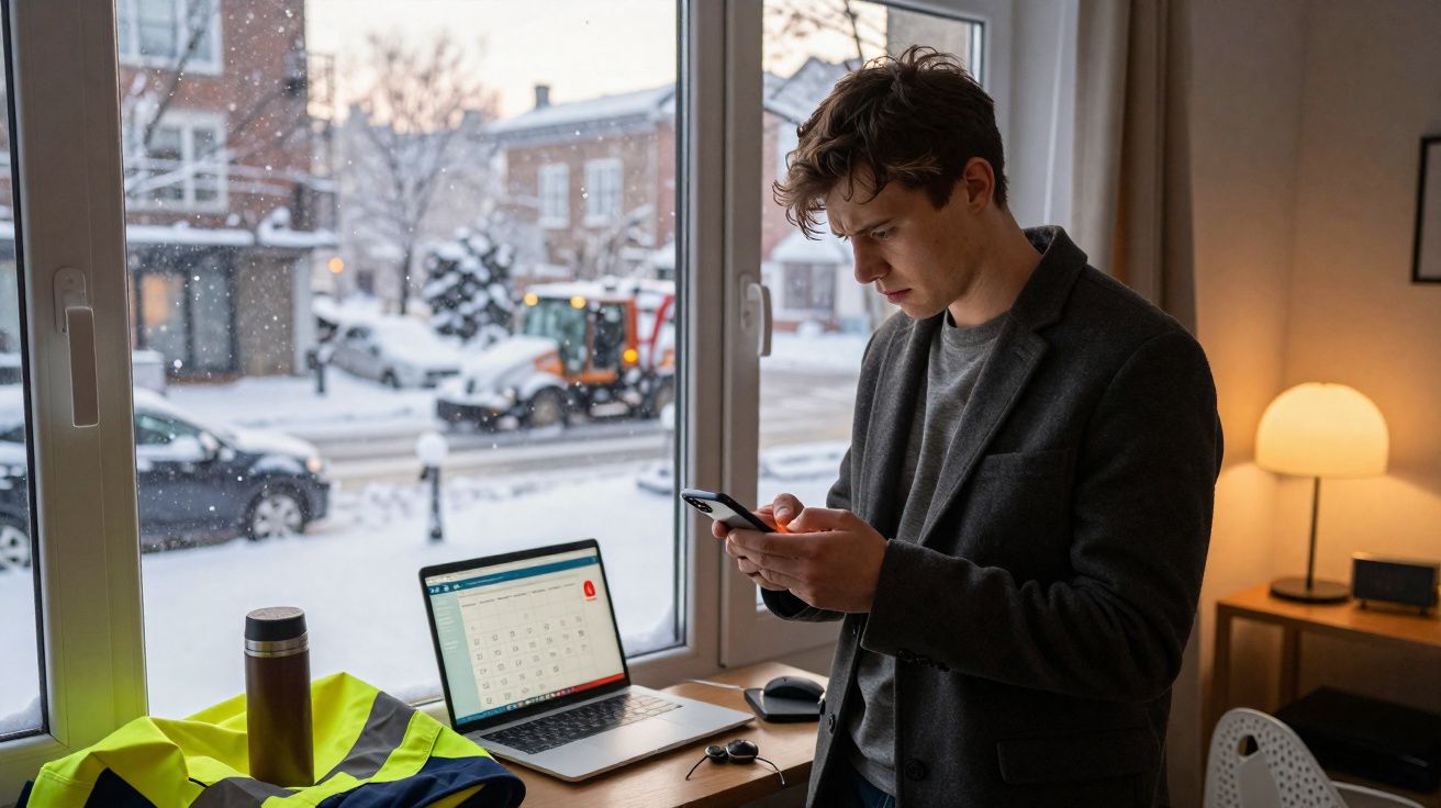 Jovem em casa, concentrado no telemóvel, com neve visível pela janela atrás de um computador portátil aberto.