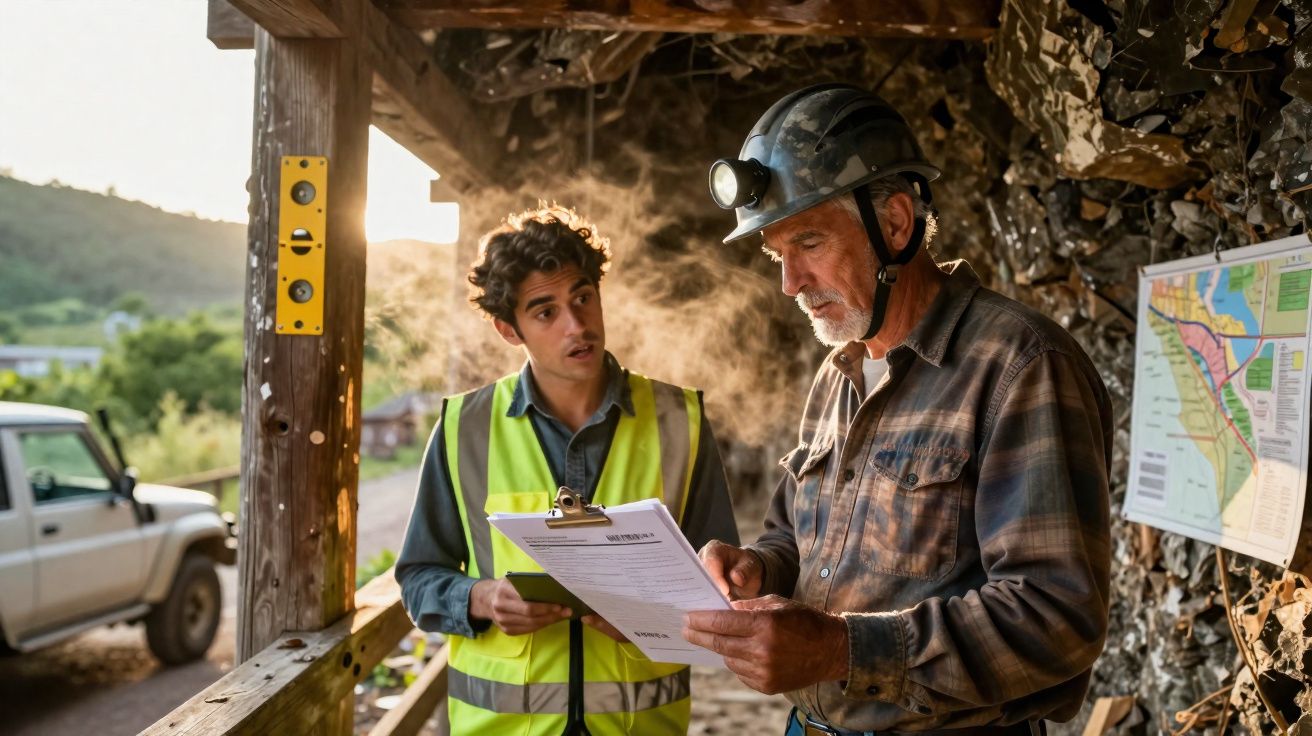 Dois trabalhadores de mina discutem documentos junto à entrada da mina, um com colete e outro com capacete e lanterna.