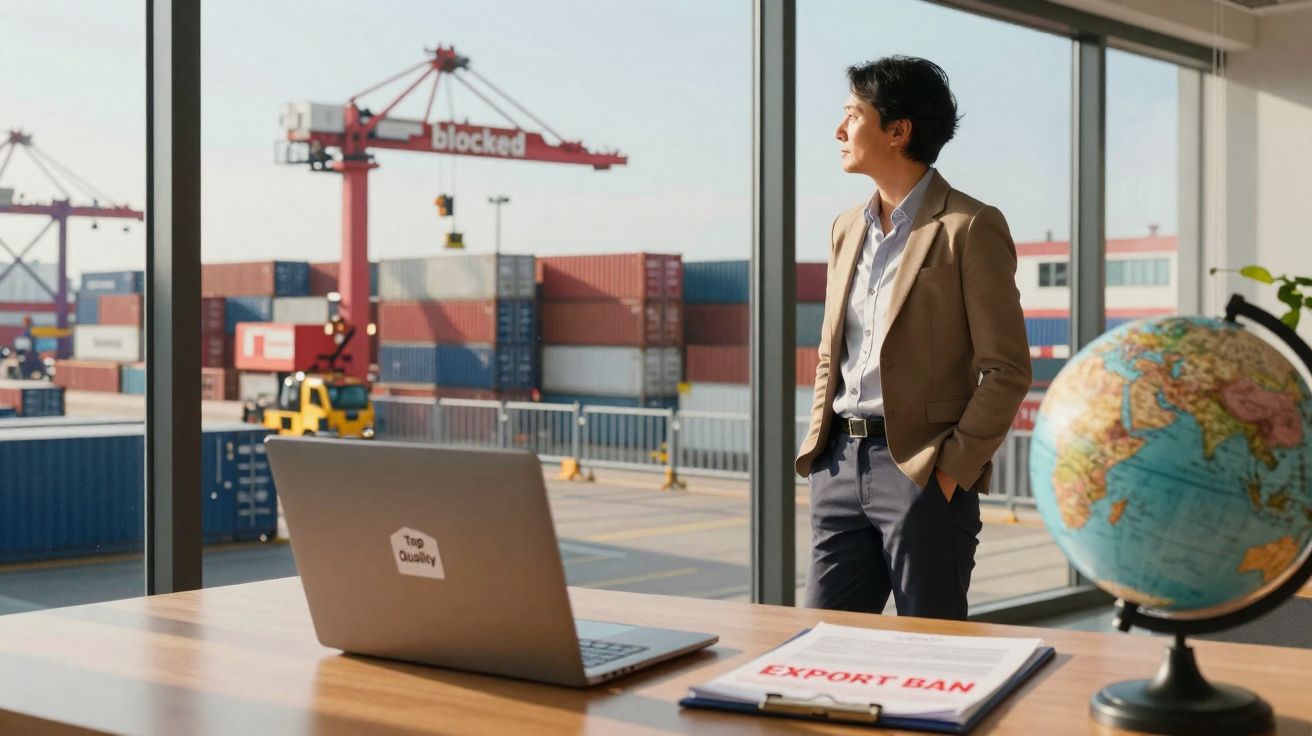 Homem de negócios observa contentor num porto, com laptop e documentos de exportação numa secretária.