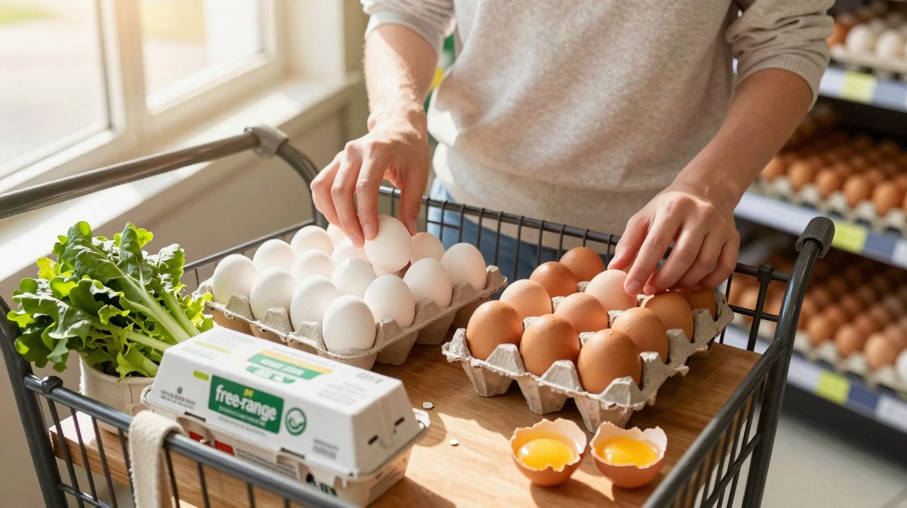 Pessoa a escolher ovos brancos e castanhos num carrinho de supermercado com verduras e ovos à frente.