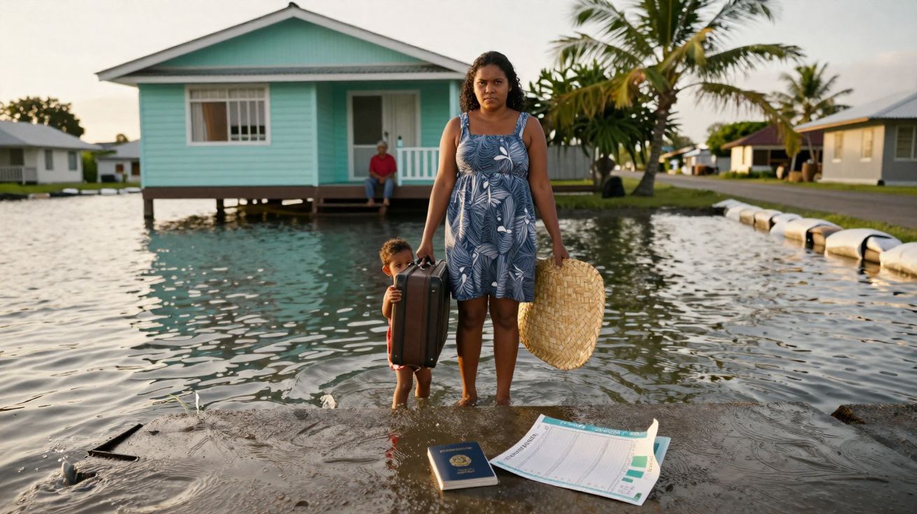 Mulher e criança em área alagada com malas e documentos, casas submersas ao fundo, representando deslocação por inundação.