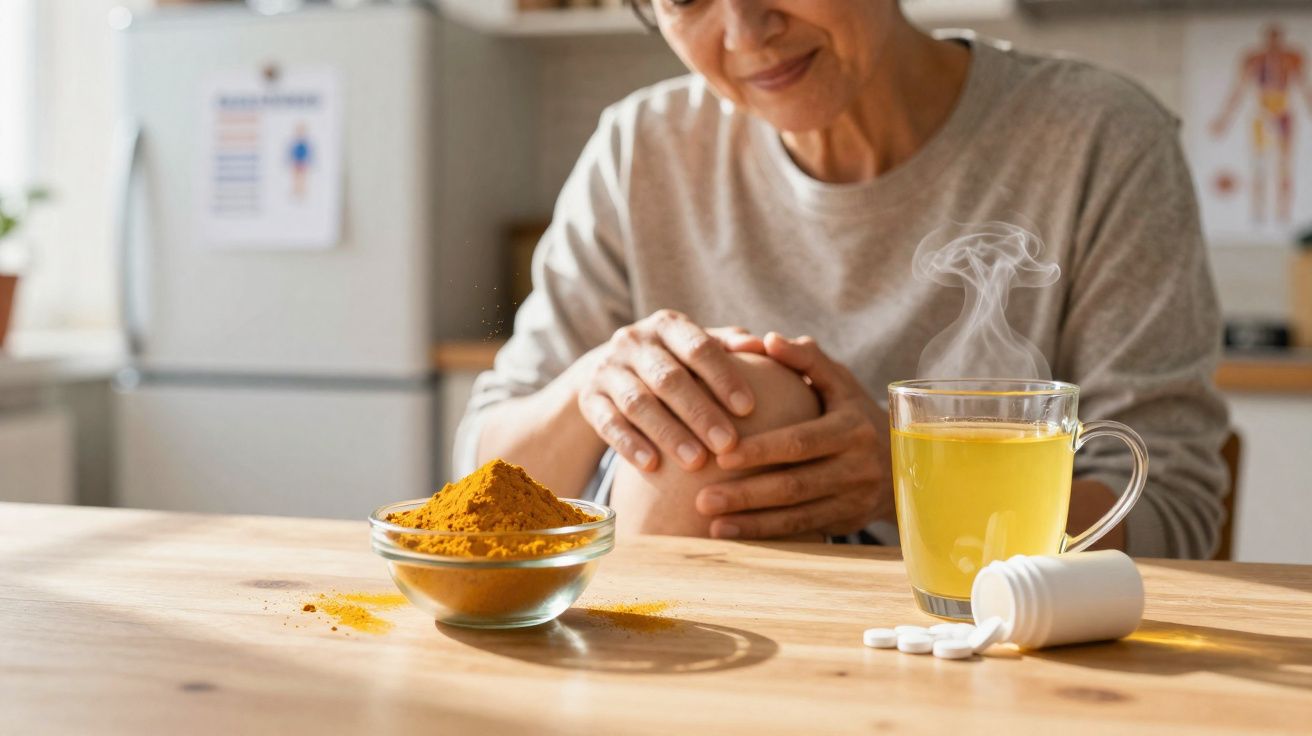 Pessoa idosa com dor no joelho, com chá e comprimidos numa mesa com cúrcuma em pó.
