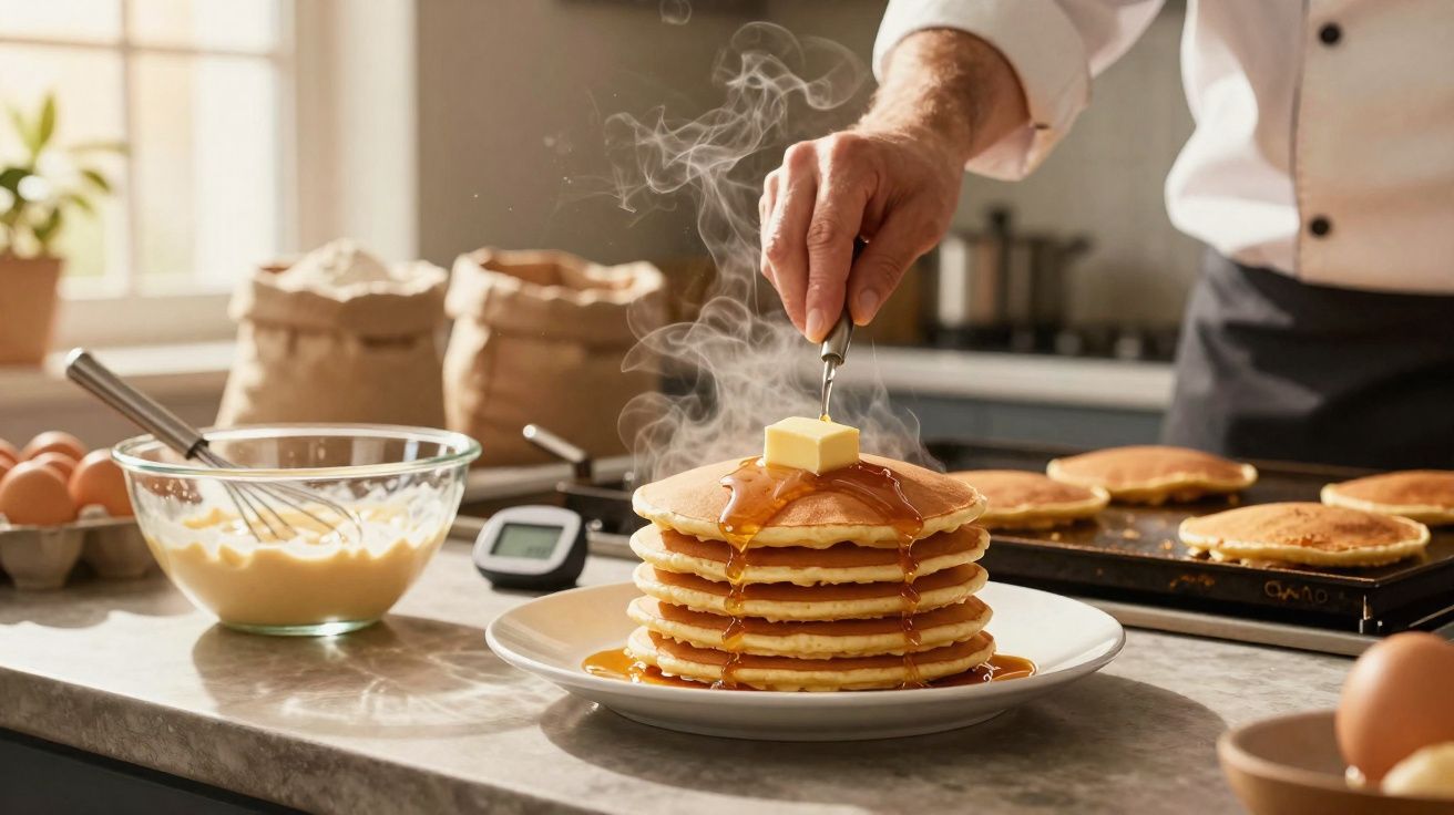 Mão a colocar um pedaço de manteiga em pilha de panquecas fumegantes com xarope numa cozinha iluminada.
