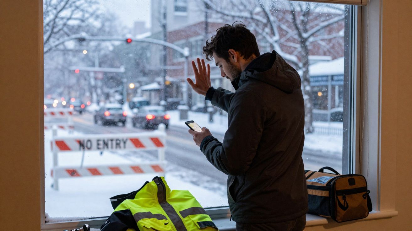 Homem com casaco escuro olha para telemóvel junto a janela numa rua coberta de neve com sinal de proibição de entrada.