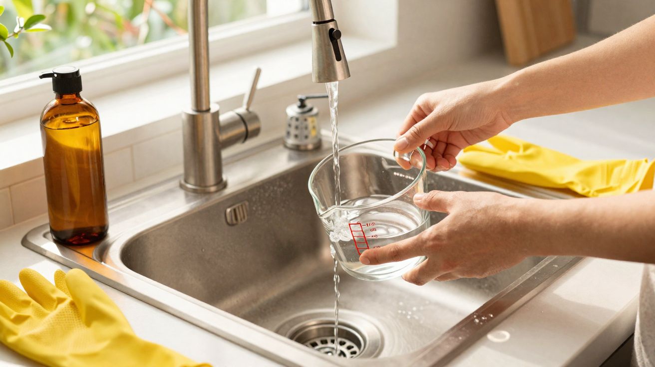 Mãos a encher um copo medidor com água numa pia de cozinha com luvas amarelas e detergente à vista.