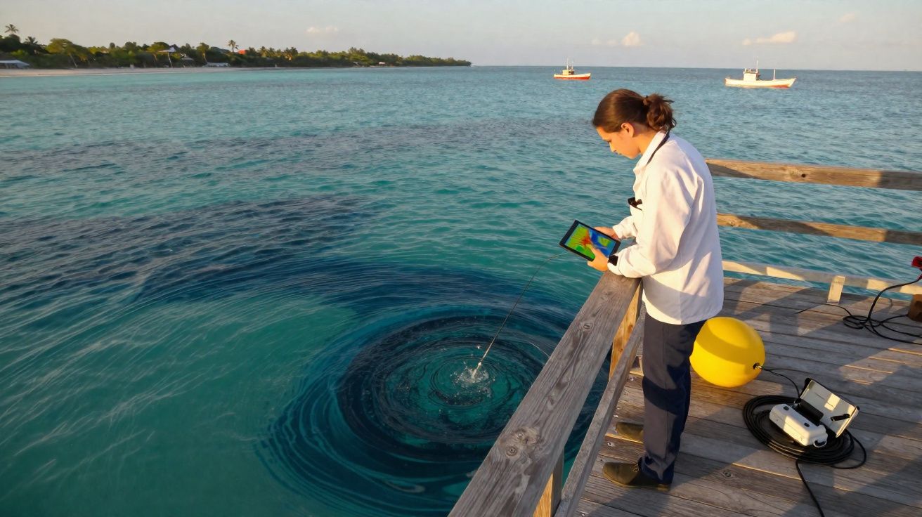Pessoa a usar equipamento tecnológico para monitorizar um redemoinho no mar a partir de um cais de madeira.