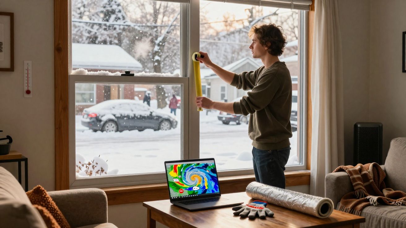 Pessoa a medir a janela para isolamento térmico em dia de neve, com computador a mostrar previsão meteorológica.