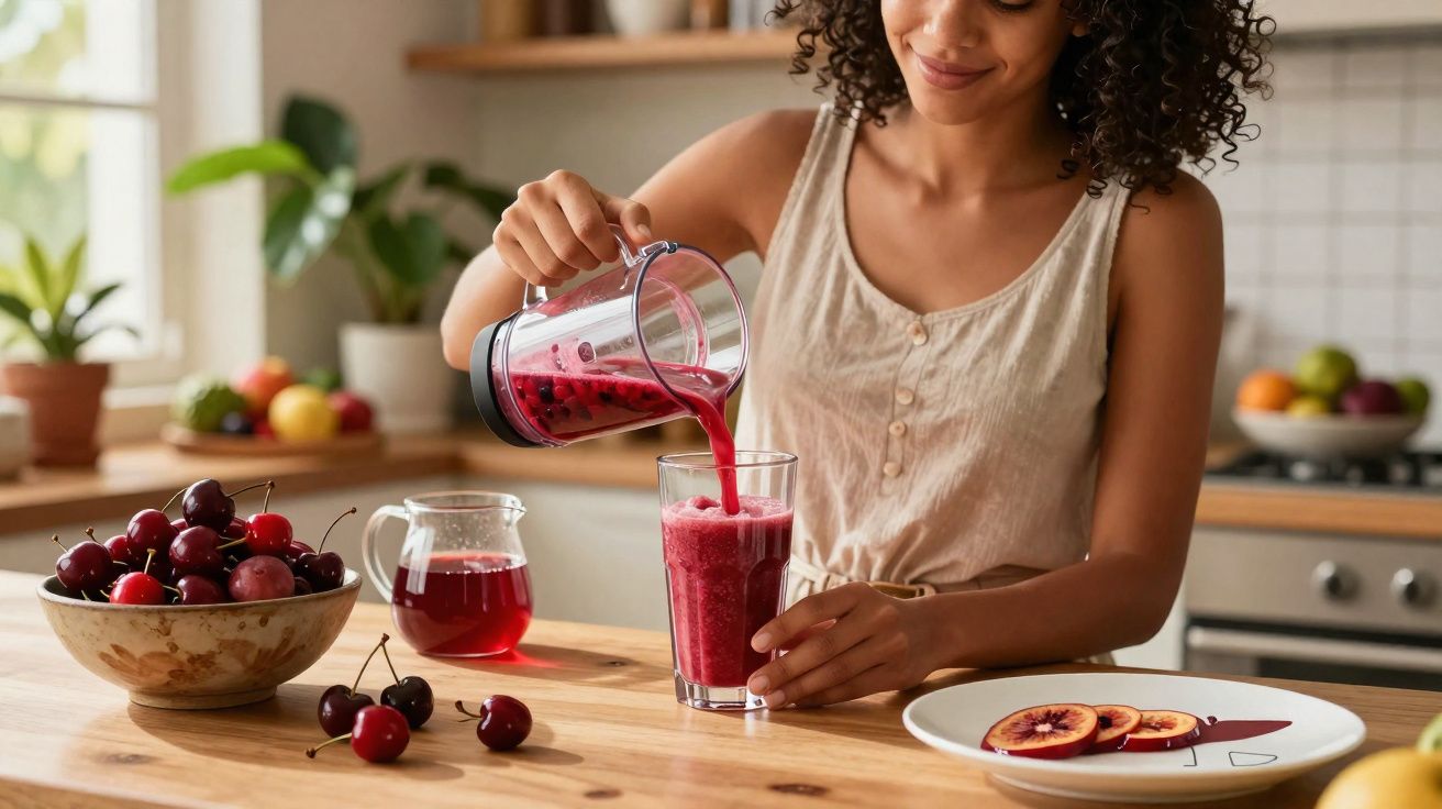 Mulher a servir sumo vermelho de frutos num copo numa cozinha luminosa com cerejas na mesa.