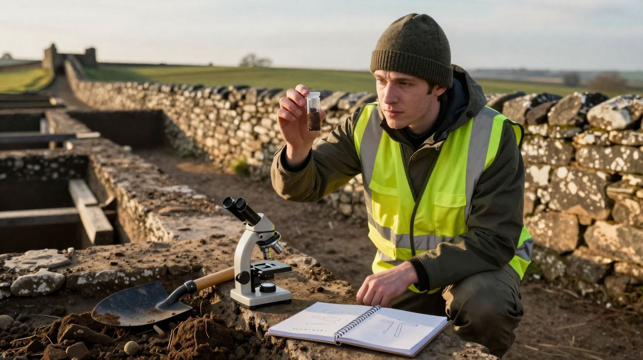 Arqueólogo com colete refletor examina amostra de solo em sítio arqueológico com microscópio e caderno.