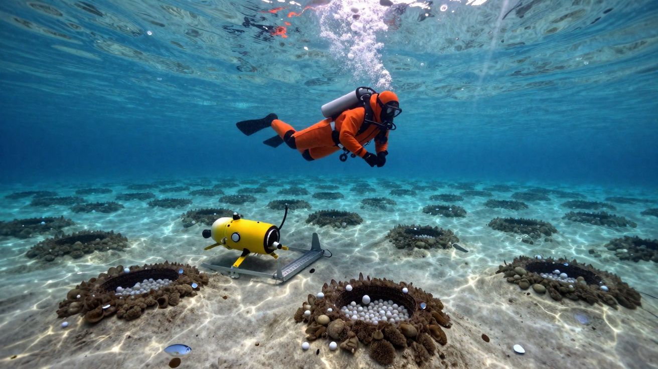Mergulhador em fato laranja observa robô amarelo no fundo do mar com ninhos marinhos e ovos brancos.
