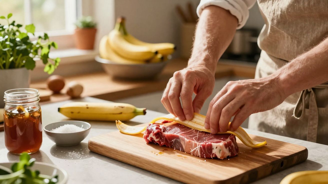 Pessoa a envolver um bife cru numa casca de banana numa cozinha iluminada.