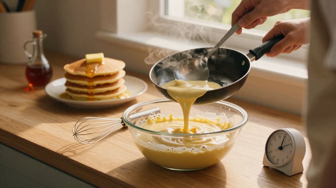Massa quente a ser despejada de uma frigideira para uma tigela de vidro numa cozinha iluminada, com panquecas ao fundo.