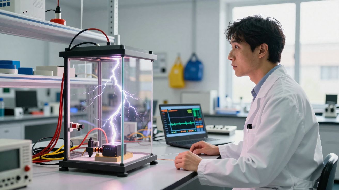 Cientista observa experimento com faíscas elétricas num laboratório tecnológico moderno.