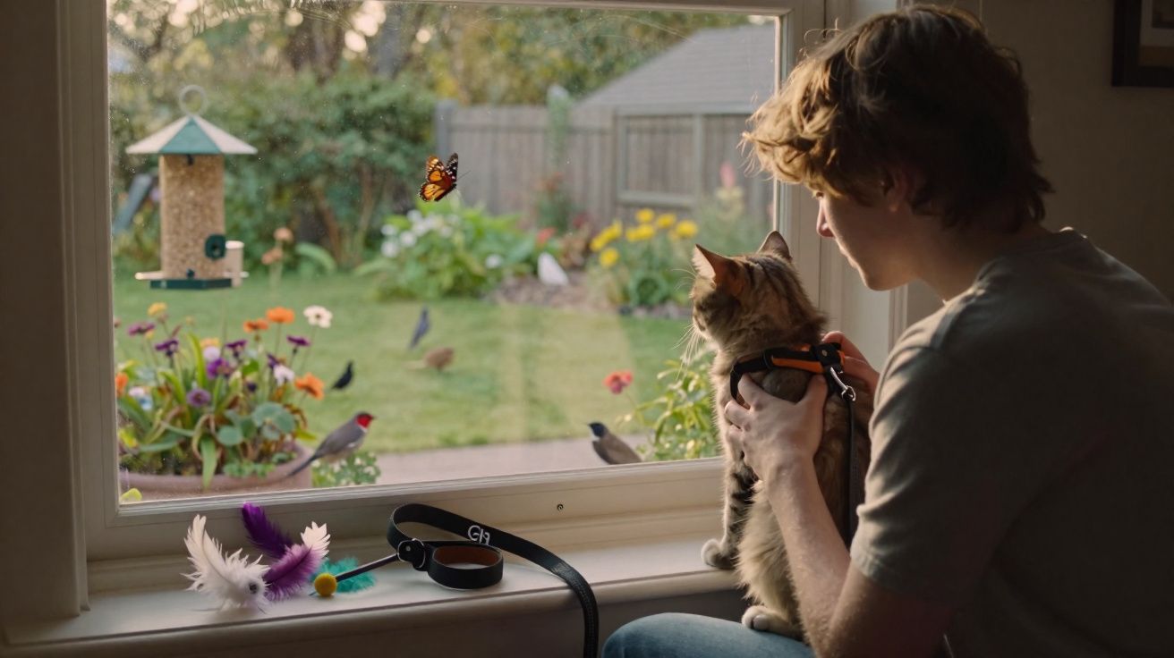 Pessoa segurando um gato junto a uma janela, observando pássaros e uma borboleta no jardim exterior.