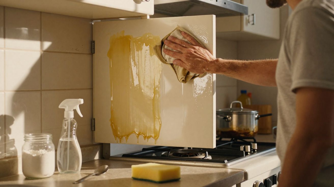 Pessoa a limpar mel derramado na porta de um armário da cozinha com um pano.