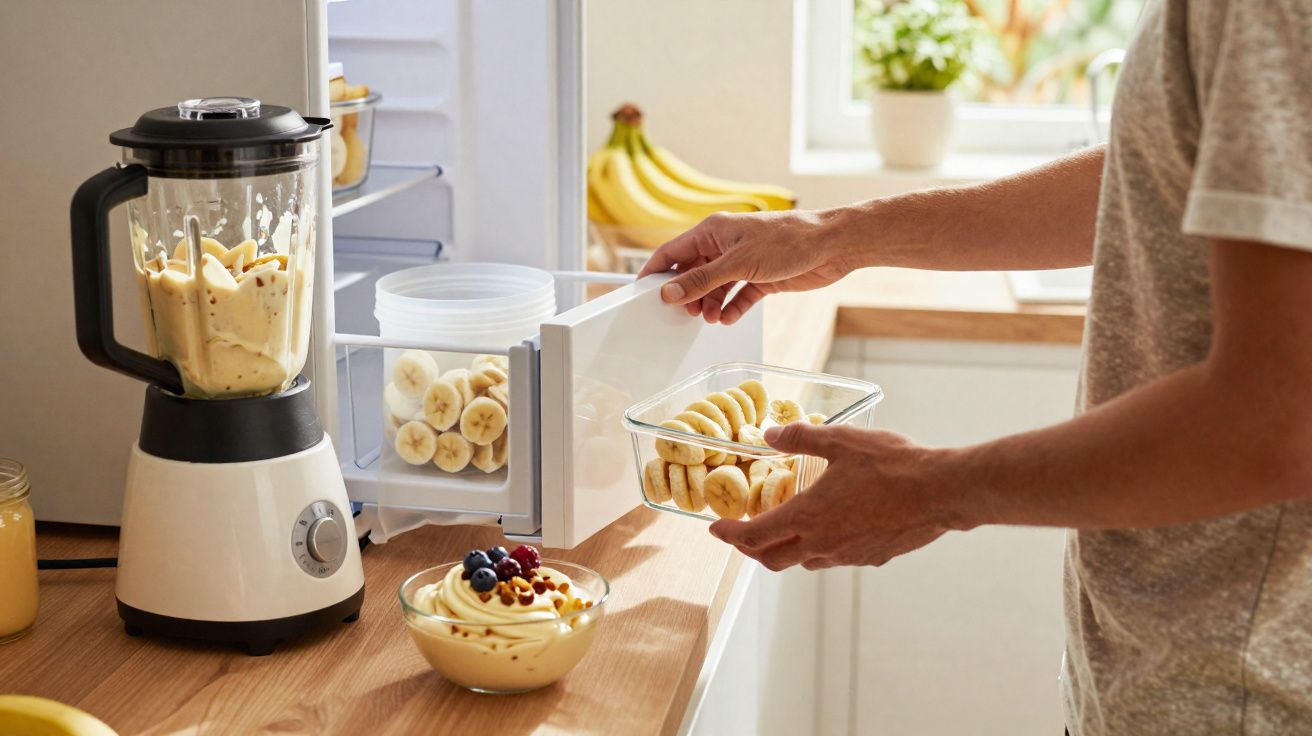 Pessoa a retirar banana fatiada do frigorífico para preparar batido numa liquidificadora.