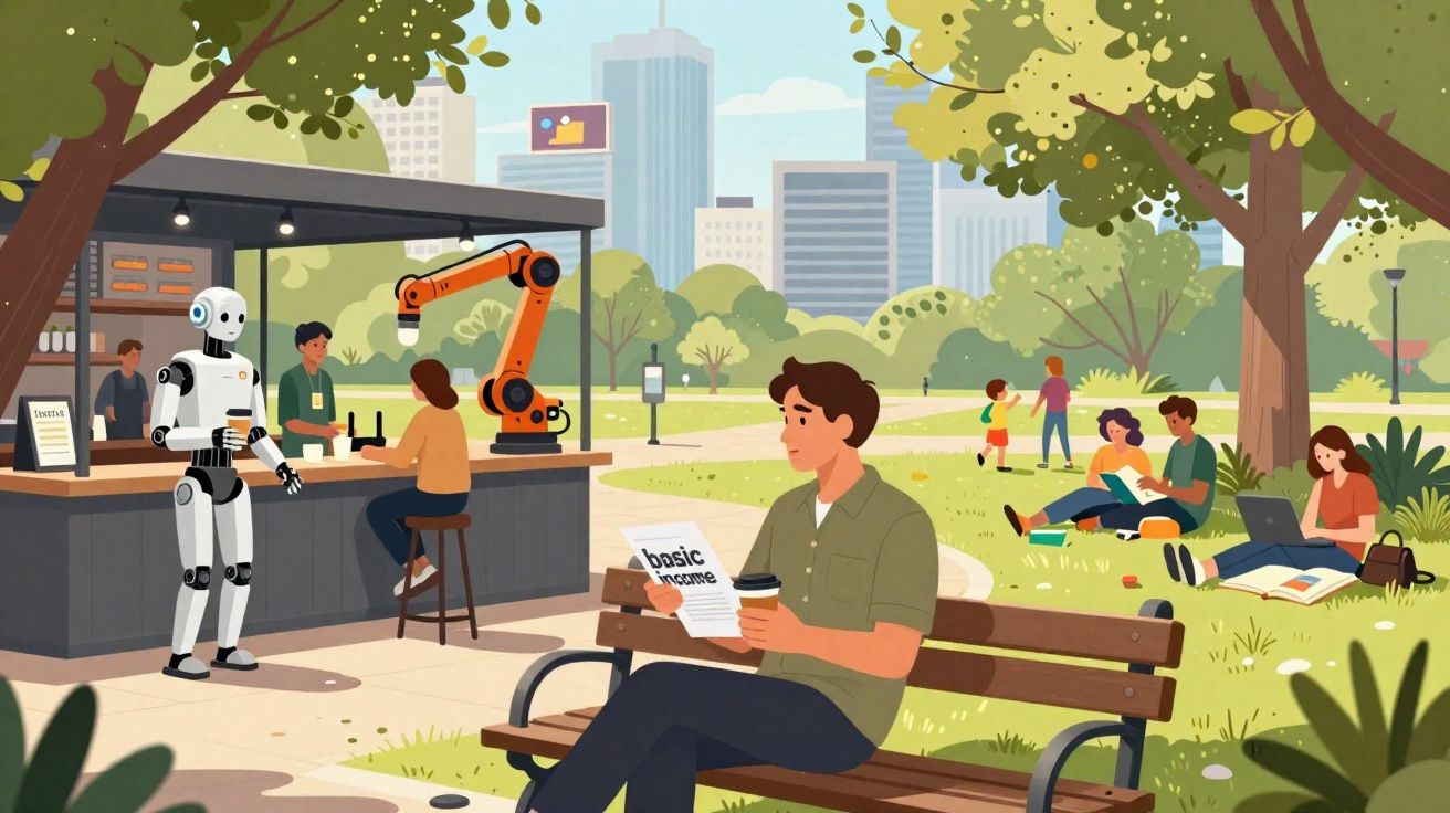 Homem lê documento sobre rendimento básico num banco de parque urbano com robot e pessoas ao fundo.