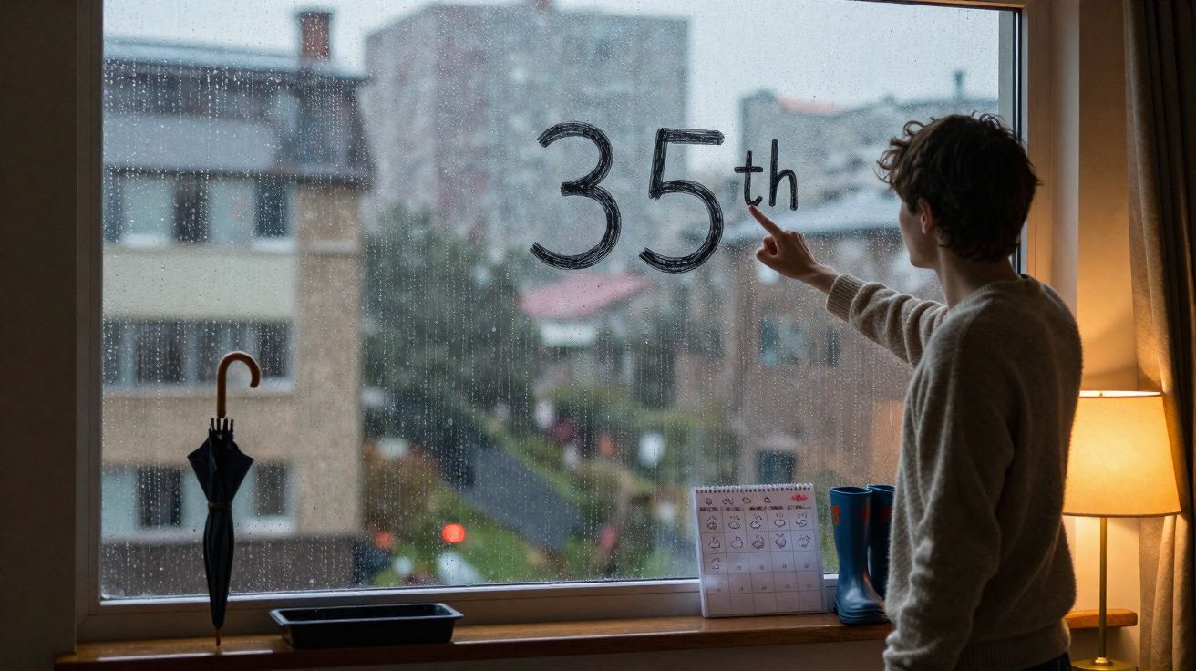 Pessoa escreve "35th" numa janela húmida de chuva, com edifícios desfocados ao fundo.