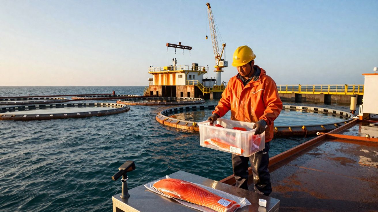 Trabalhador com capacete a segurar caixa de salmão numa plataforma piscícola marinha ao pôr do sol.