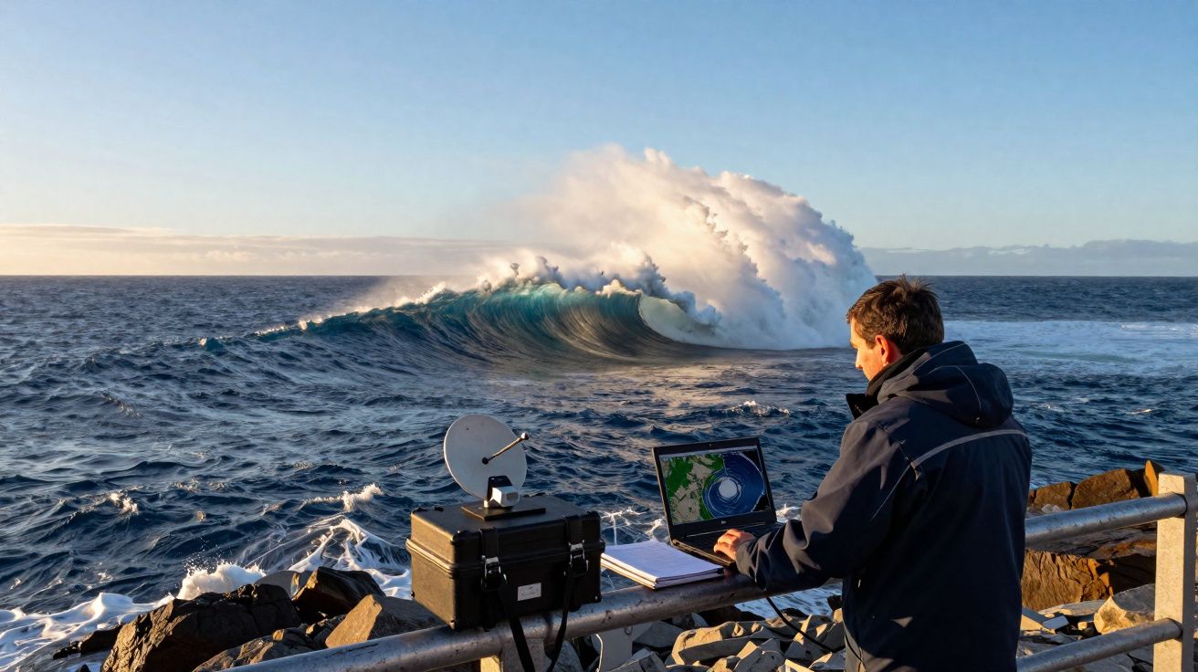 Homem junto ao mar usa portátil para monitorizar ondas grandes numa zona rochosa ao pôr do sol.