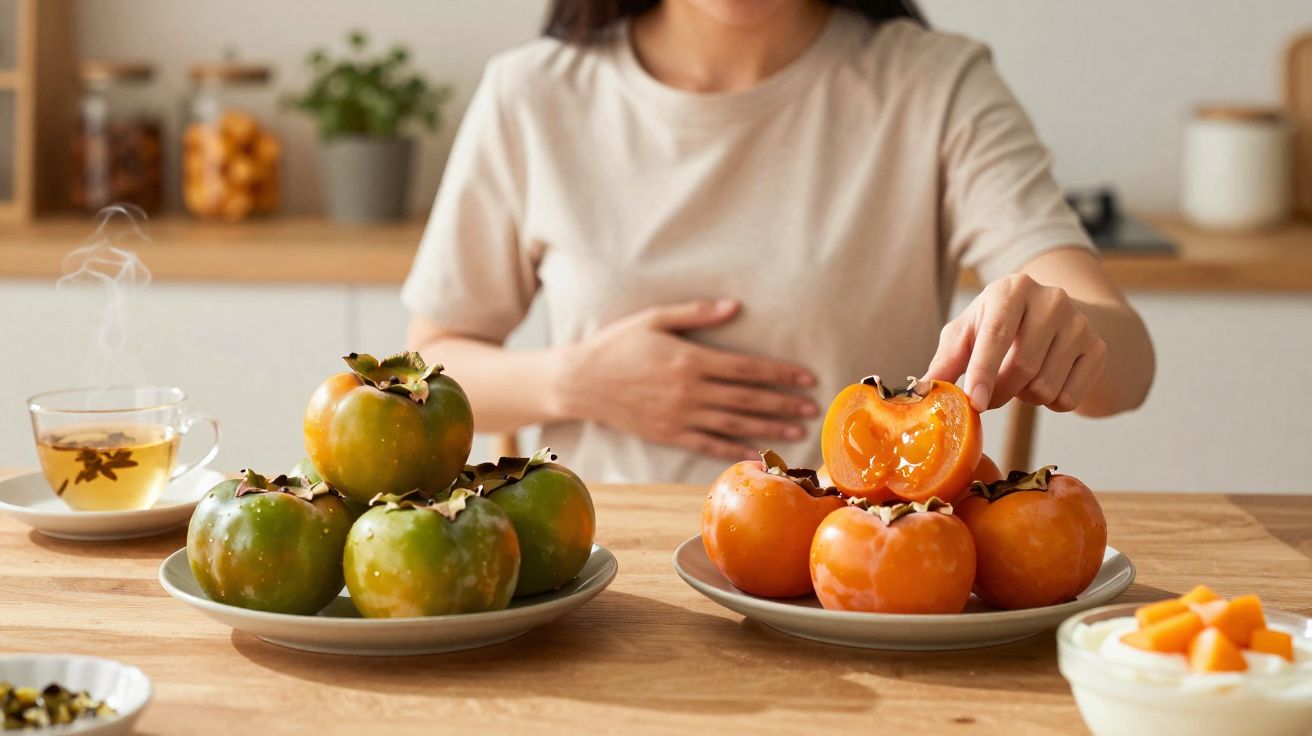 Pessoa a segurar caqui partido, com caquis verdes e laranjas em pratos numa mesa de cozinha.