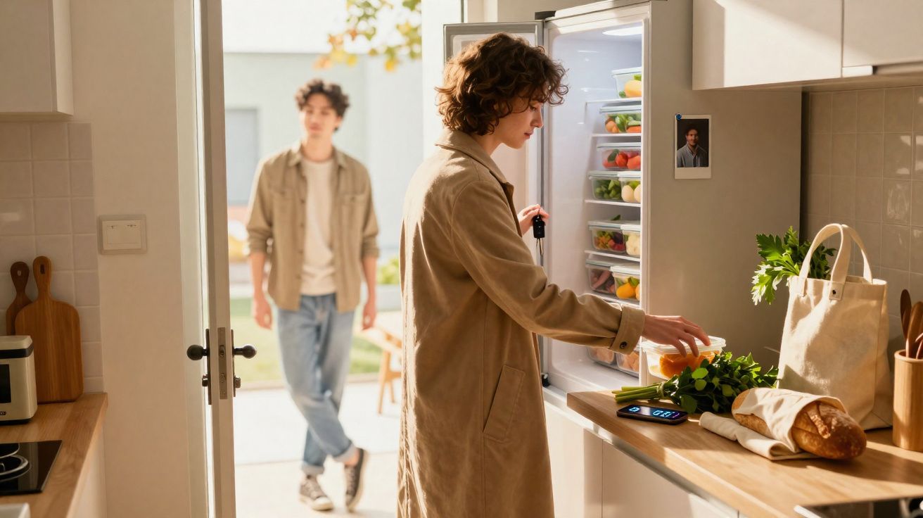 Pessoa a arrumar comida na cozinha com frigorífico aberto e outra pessoa a entrar pela porta traseira.