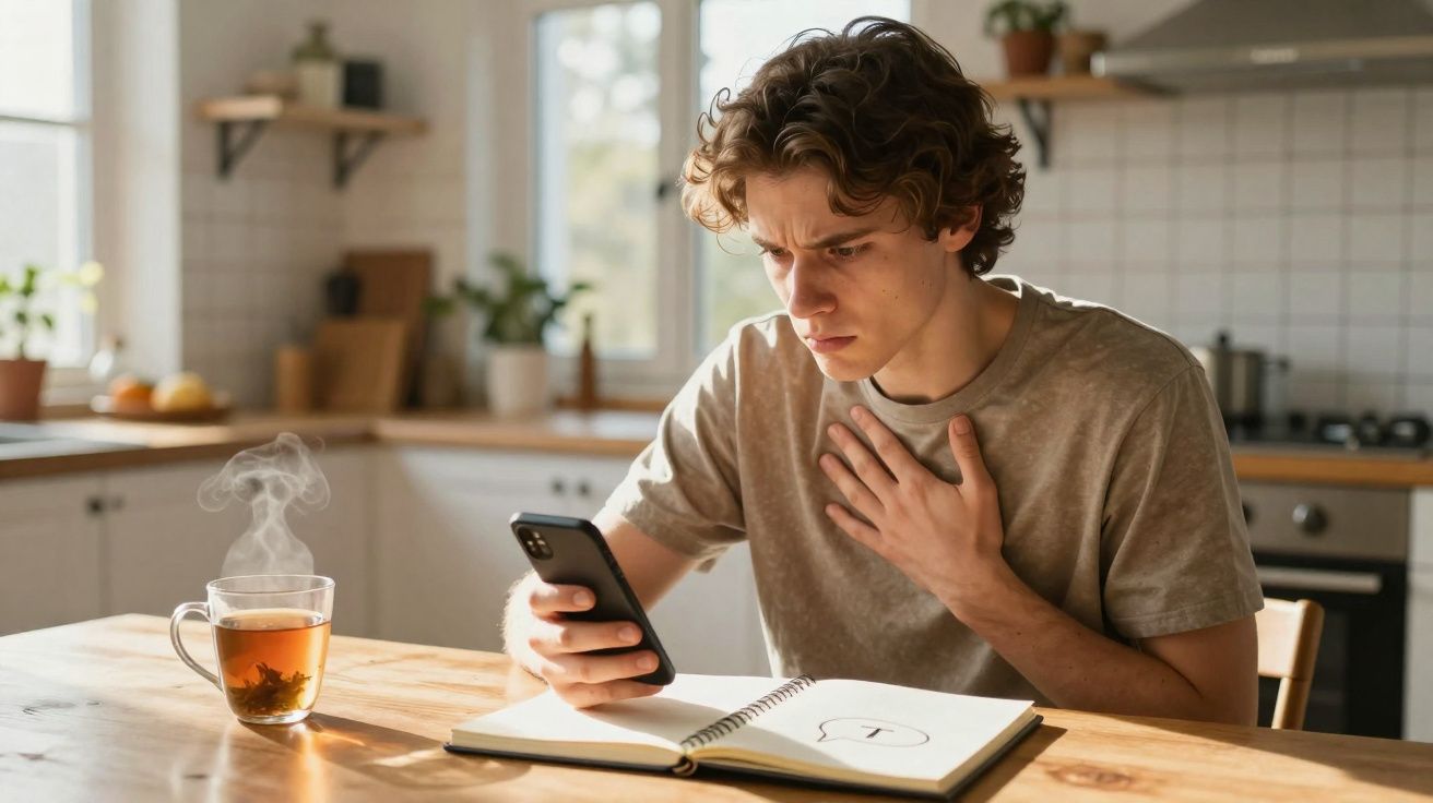 Jovem sentado à mesa com chá fumegante, olhando preocupado para o telemóvel na cozinha iluminada.