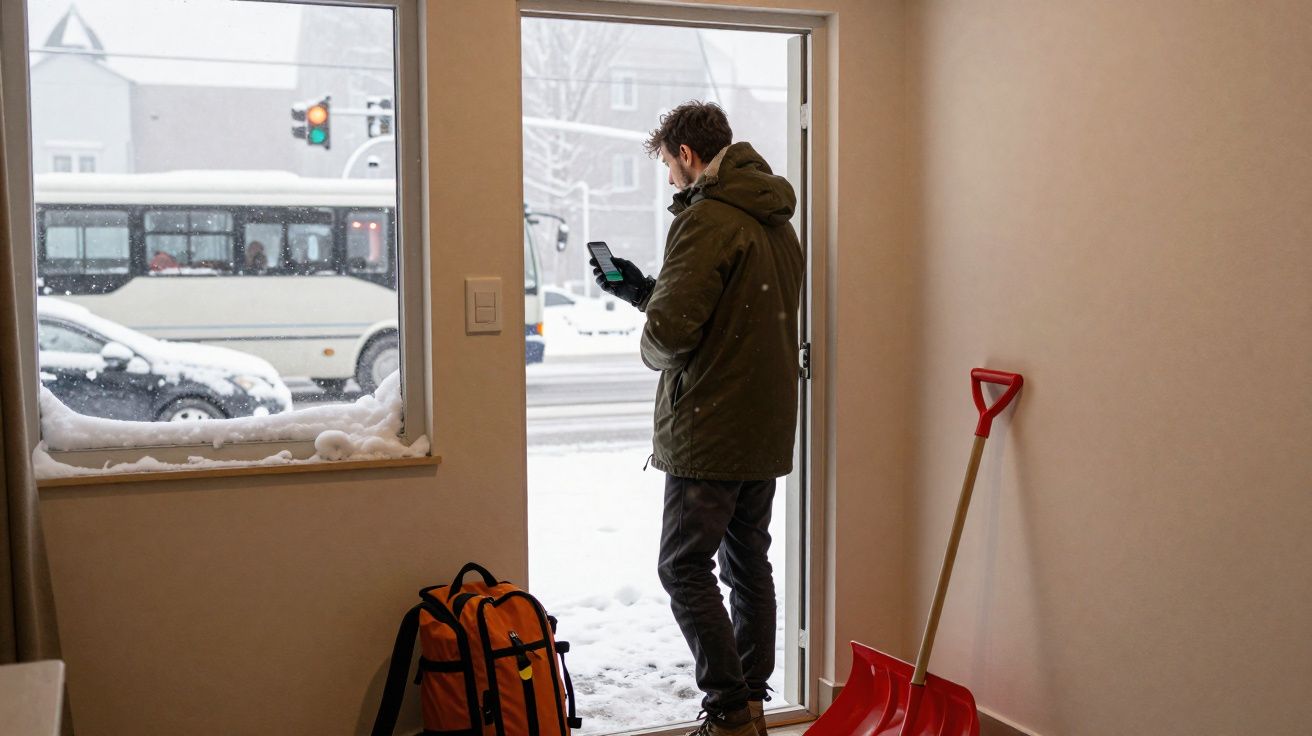 Homem com casaco e luvas utiliza telemóvel junto à porta aberta em dia de muita neve.