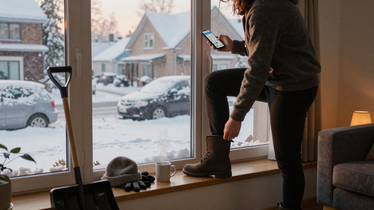 Pessoa a calçar botas junto a janela com neve no exterior, equipamento de inverno na beira da janela.