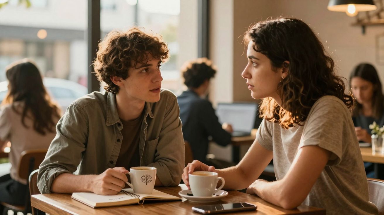 Dois jovens conversam, sentados numa mesa de café com chá e um telemóvel à frente, ambiente acolhedor e descontraído.