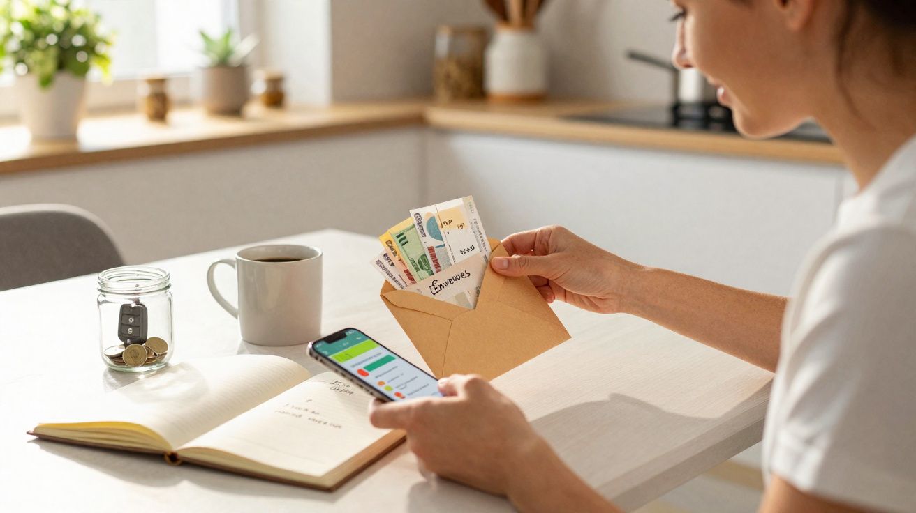 Pessoa a organizar dinheiro em envelopes e a consultar finanças no telemóvel numa cozinha.