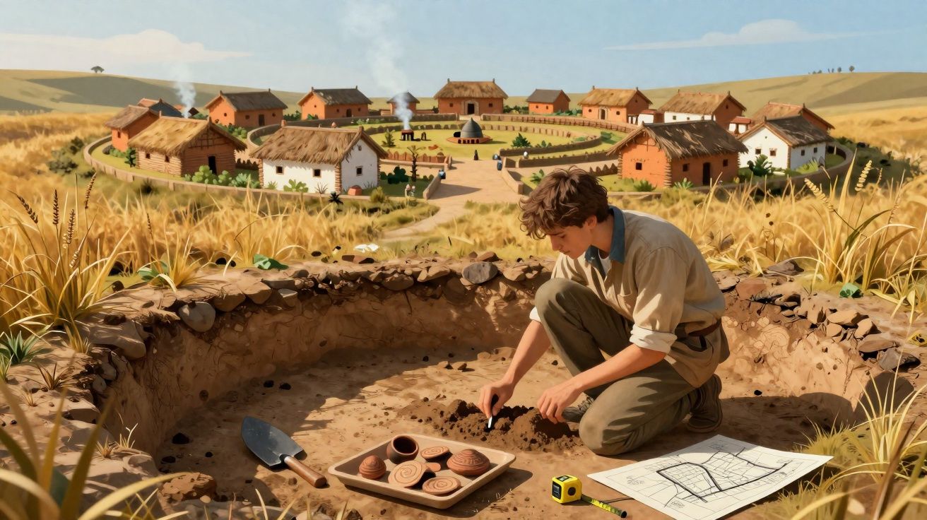Jovem arqueólogo escava cerâmicas num sítio arqueológico próximo a uma aldeia antiga cercada por campos dourados.