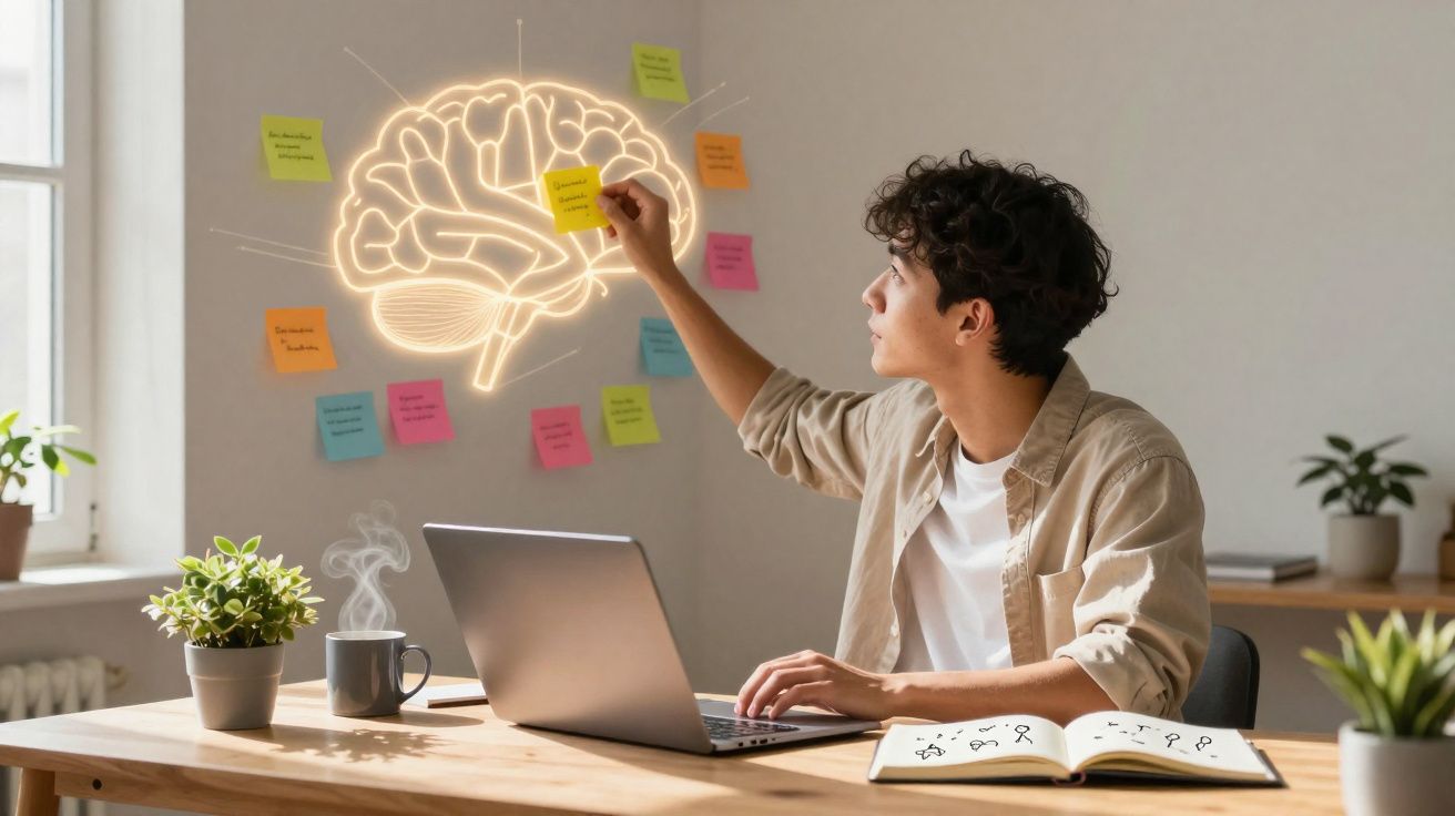 Pessoa a colocar notas adesivas num cérebro iluminado desenhado numa parede, a trabalhar num computador portátil.